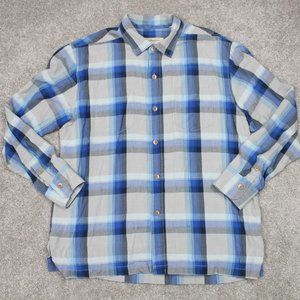 Tommy Bahama 100% Silk Shirt Mens Large Blue/Gray Plaid Long Sleeve Button Up‎